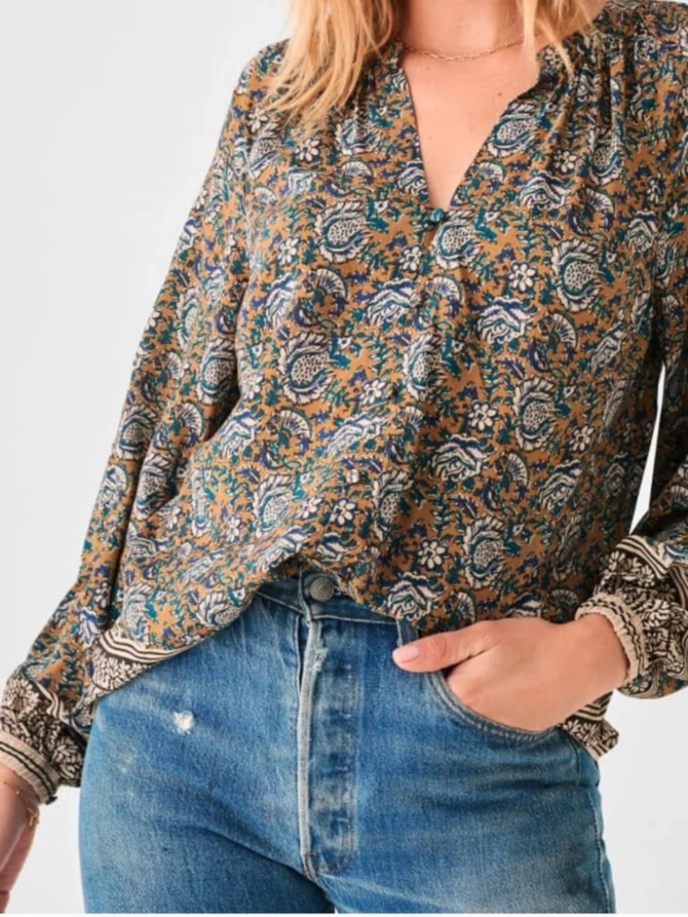 Faherty Women's Naomi Top Blouse Fairfield Border Print Size L Fall Boho Peasant